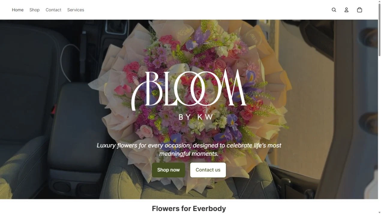Bloom by KW website showing floral photography, bouquet shopping, and event inquiries