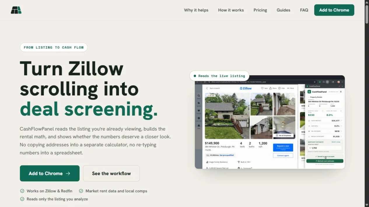 CashFlowPanel homepage with its new green logo and a rental analysis preview alongside a Zillow listing