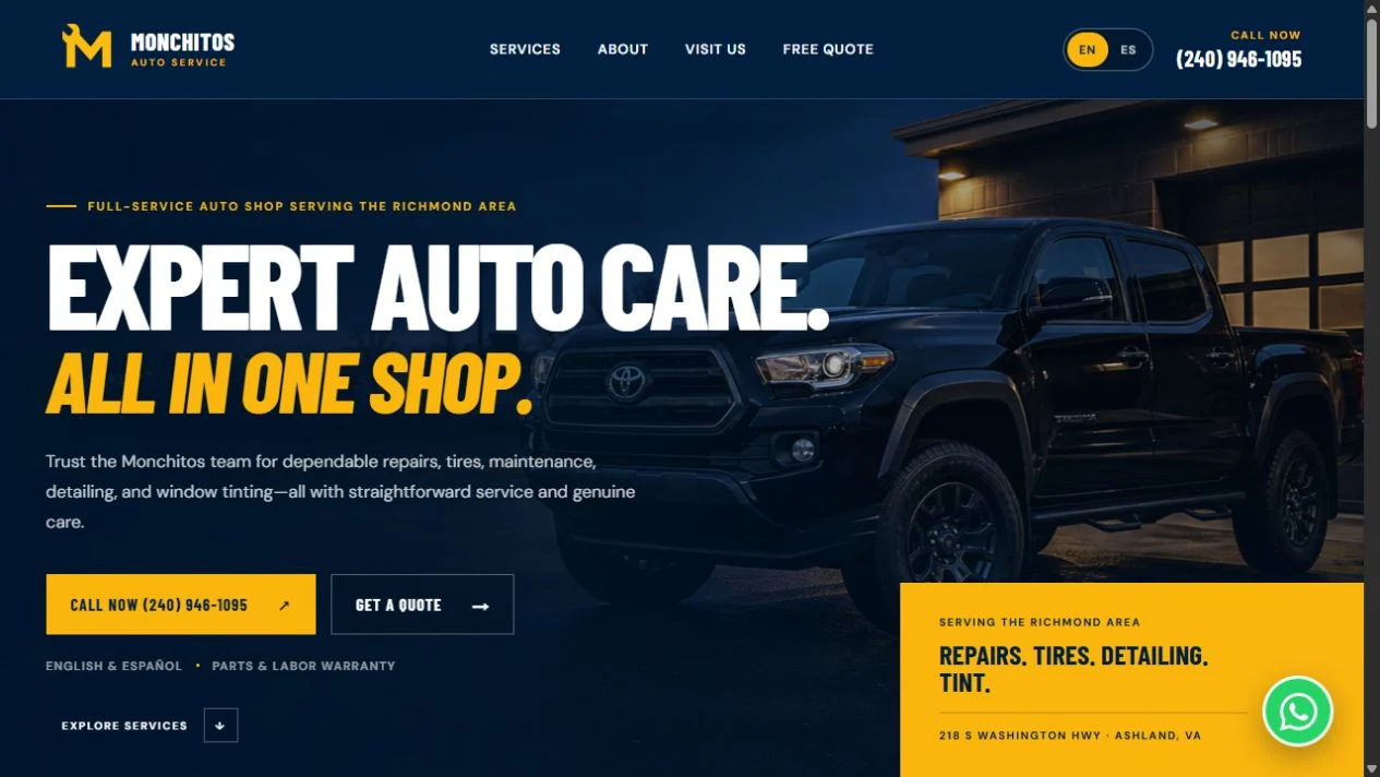 Monchitos Auto Service website with bilingual navigation, auto services, and call and quote buttons